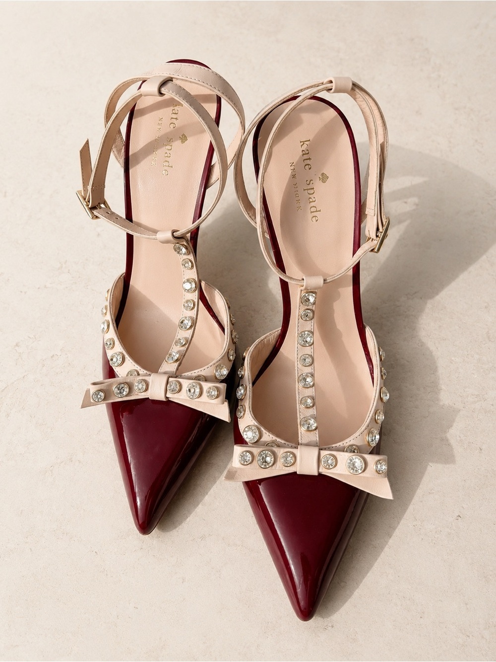 Kate Spade Lydia Patent Leather Crystal T-Strap Pumps Burgundy/Nude 9.5B
